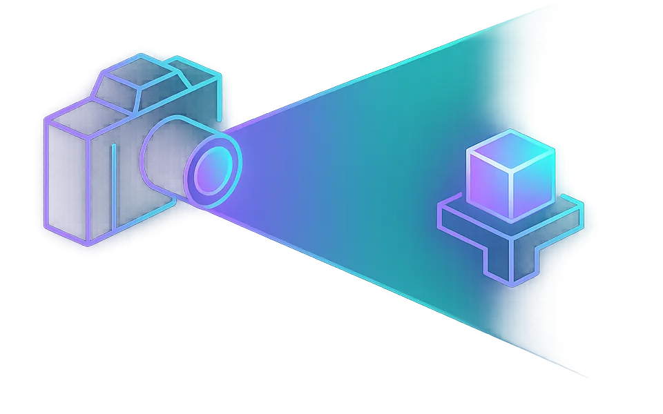 Illustration of a camera projecting a light cone onto a product on a pedestal
