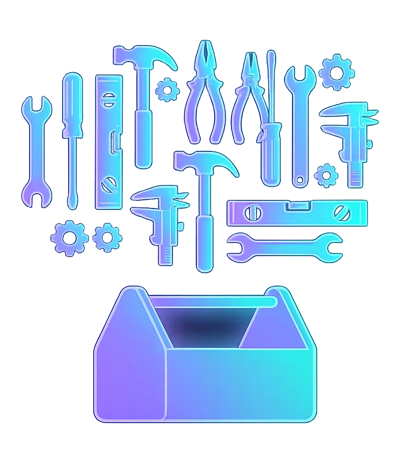 Illustration of glowing tools floating in a constellation above an open toolbox