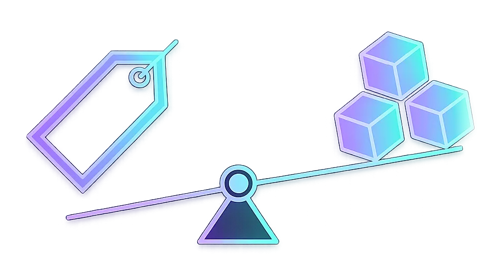 Illustration of a price tag balanced against product cubes on a scale