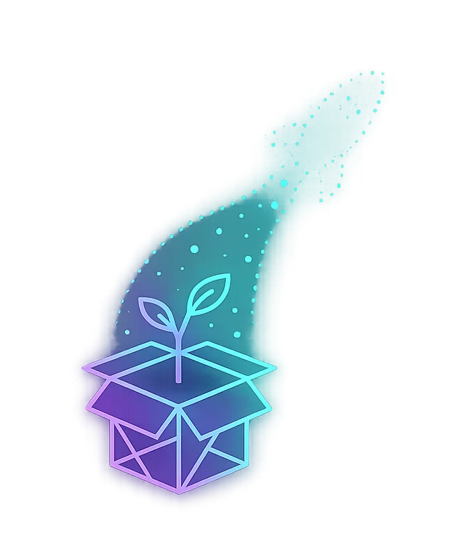 Illustration of a seedling sprouting from an open box with a trail of particles rising like a rocket